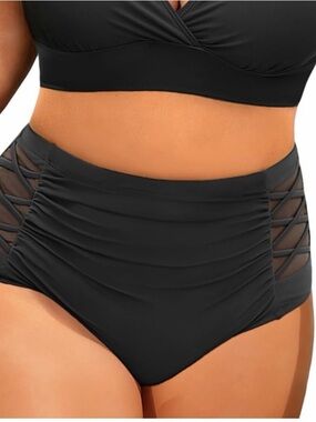 High-Waist Black Ruched Bikini Bottom with Mesh Side Straps Sz 16w